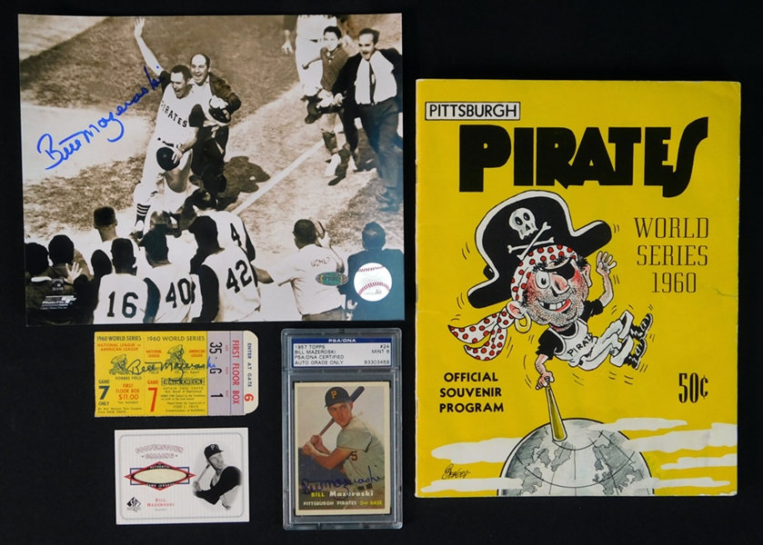 Bill Mazeroski Group of (5) Items with Autographed Rookie Card, 1960 World Series photo and Ticket Stub Along with 1960 World Series Program and Jersey Patch Card