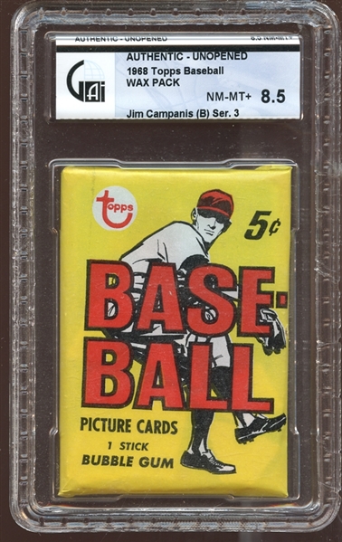 1968 Topps Baseball Unopened 5-Cent Wax Pack 3rd Series GAI 8.5 NM/MT+