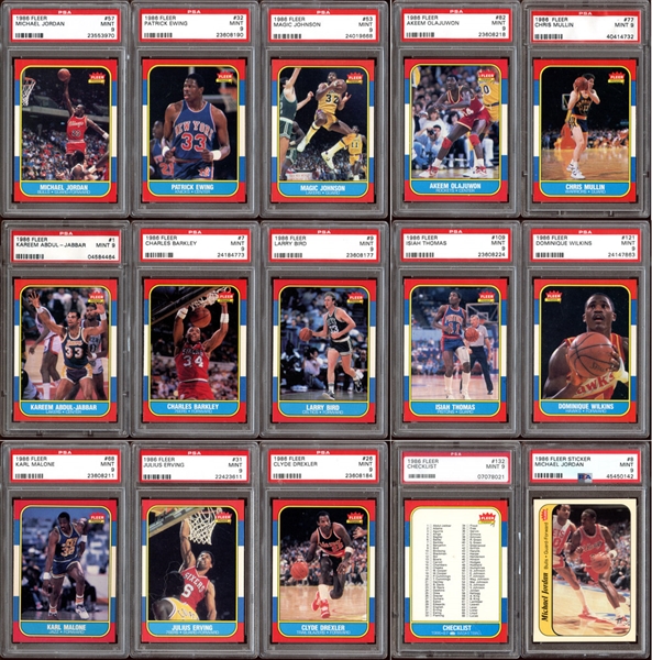 1986 Fleer Basketball Complete Set (132) Plus a Near-Complete Sticker Set (No Abdul-Jabbar) Each Card Graded PSA 9 MINT