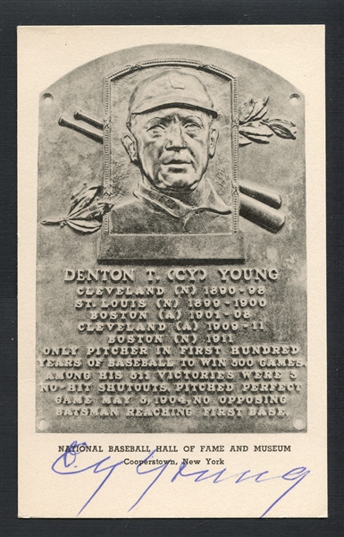 Cy Young Signed B&W Hall of Fame Plaque JSA
