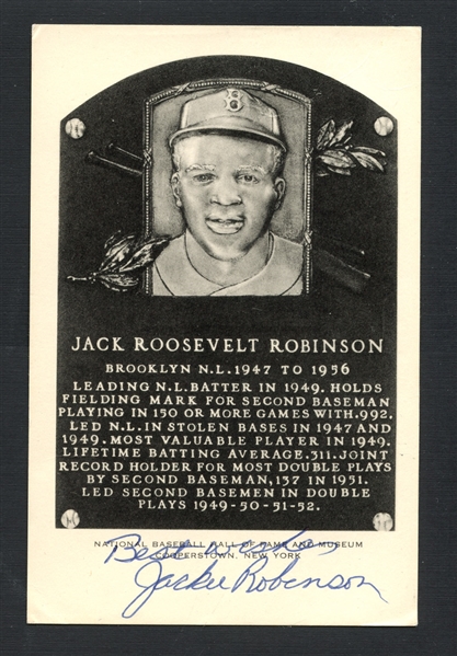 Jackie Robinson Signed B&W Artvue Hall of Fame Plaque Postcard JSA