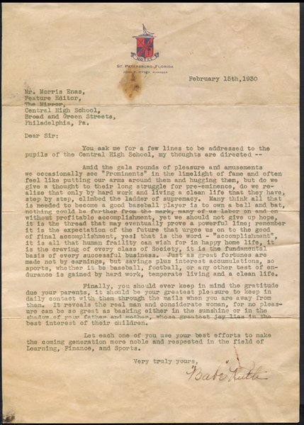 1928 Babe Ruth Signed Letter with Baseball Content JSA