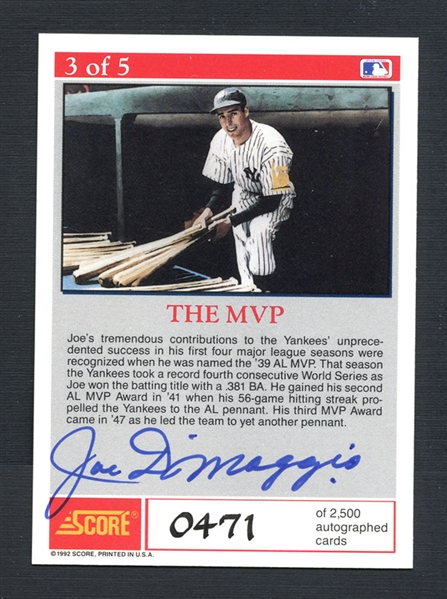 1992 Score #3 Joe DiMaggio Signed Card 471/5000