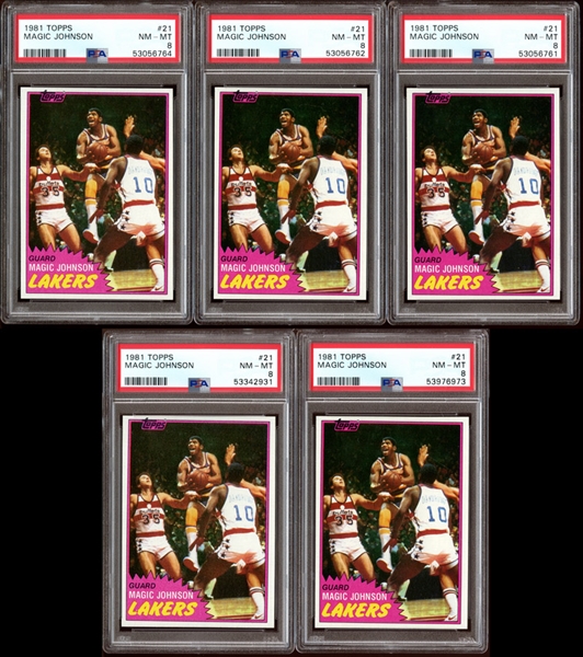1981 Topps #21 Magic Johnson Group of (5) All PSA 8 NM/MT