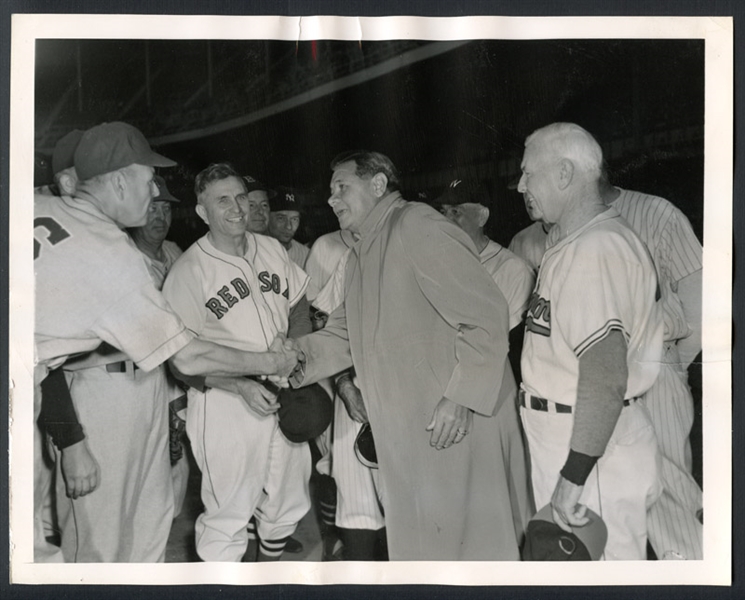 1947 Babe Ruth at Old Timers Game Type I Original Photograph with Earnshaw, Hooper and Speaker PSA/DNA