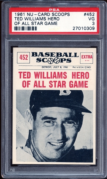1961 Nu-Card Scoops #452 Ted Williams Hero of All Star Game PSA 3 VG