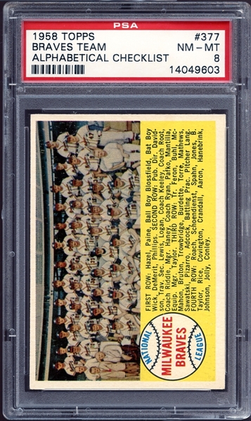 1958 Topps #377 Braves Team Alphabetical Checklist PSA 8 NM/MT
