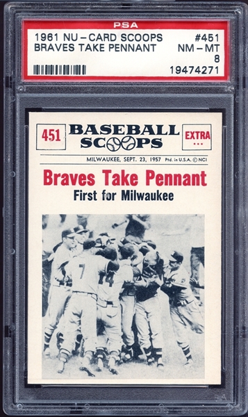 1961 Nu-Card Scoops #451 Braves Take Pennant PSA 8 NM/MT
