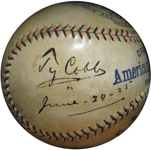 Ty Cobb Single-Signed OAL (Johnson) Ball Dated In His Hand JSA 