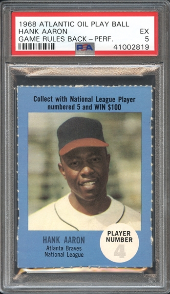 1968 Atlantic Oil Play Ball Hank Aaron Game Rules Back Perforated PSA 5 EX