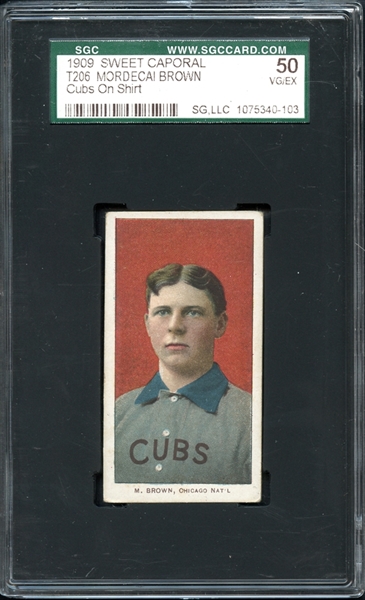 1909-1911 T206 Sweet Caporal 150/30 Mordecai Brown Cubs On Shirt SGC 4 VG-EX