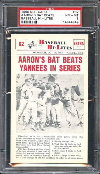 1960 Nu-Card Baseball Hi-Lites #62 Hank Aarons Bat Beats Yankees PSA 8 NM-MT 