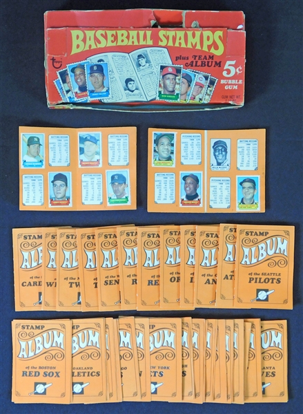 1969 Topps Baseball Stamps Set in Albums with Extra Blank Albums and Rare Display Box