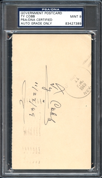 Ty Cobb Signed Government Postcard Graded PSA 9 MINT 