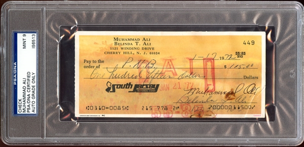 Muhammad Ali Signed and Cancelled Bank Check PSA/DNA 9 MINT