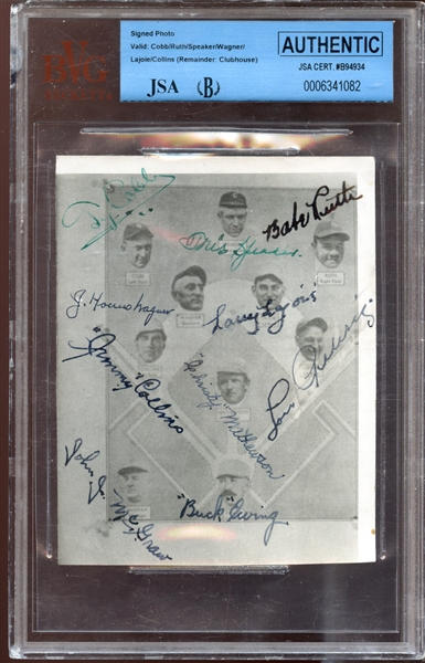 Exceptional Baseball Hall of Fame Multi-Signed Photograph Featuring Ruth, Cobb, Speaker, Wagner, Lajoie, Collins JSA- One Of Two Known Copies