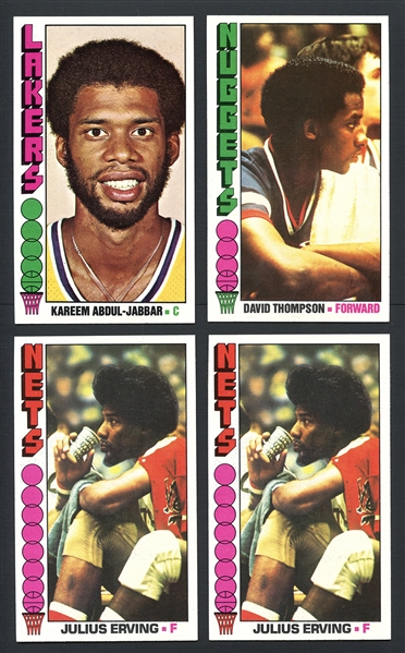 1976 Topps Basketball Group of Four With Erving (2), Abdul-Jabbar, And D. Thompson