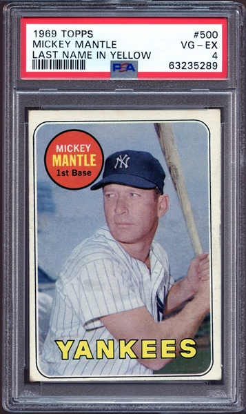 1969 Topps #500 Mickey Mantle Last Name In Yellow PSA 4 VG-EX