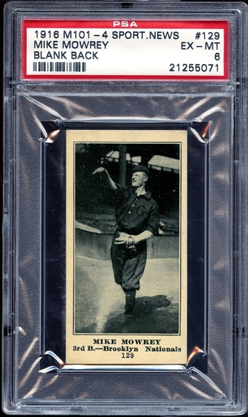 1916 M101-4 Sporting News #129 Mike Mowrey Blank Back PSA 6 EX/MT