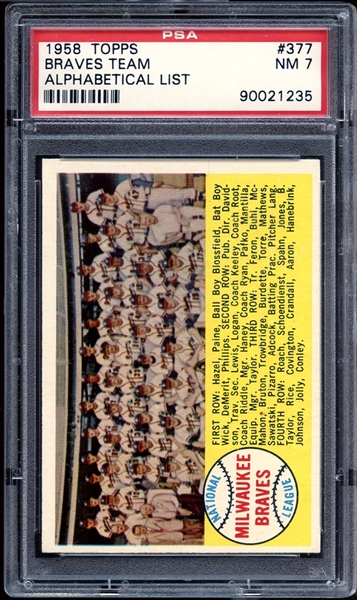 1958 Topps #377 Braves Team Alphabetical Checklist PSA 7 NM