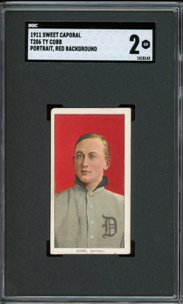1911 Sweet Caporal Portrait, Red Background T206 Ty Cobb SGC 2 GD