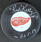 Red Kelly Signed Hockey Puck with HOF 69 Inscription JSA