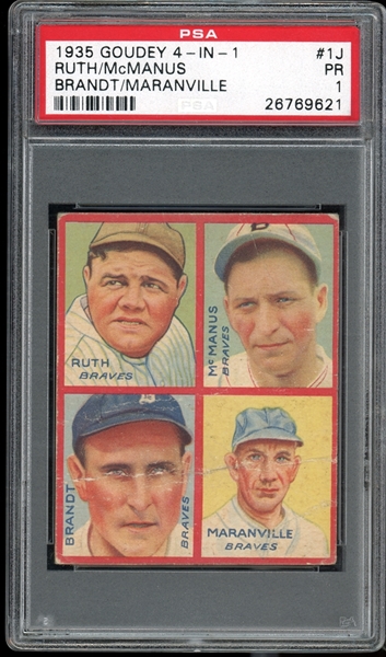 1935 Goudey 4-in-1 (R321) #16 Babe Ruth / Marty McManus / Ed Brandt / Rabbit Maranville PSA 1 PR