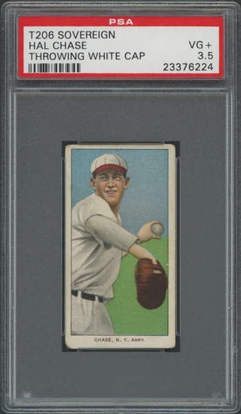 1909-11 T206 Sovereign Hal Chase Throwing White Cap 150/25 PSA 3.5 VG+