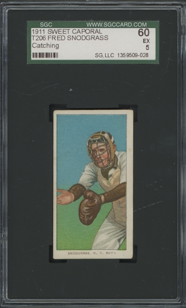 1909-11 T206 Sweet Caporal Fred Snodgrass Catching 350-460/42 60 SGC 5 EX