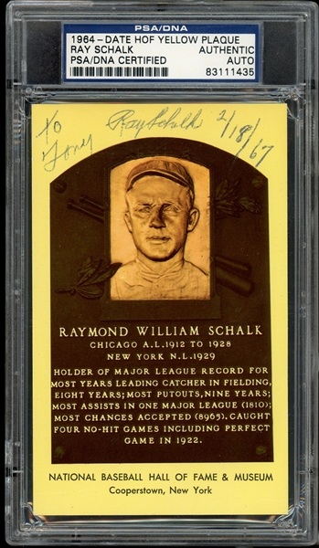 1964-Date Yellow Hall of Fame Plaque Ray Schalk Autographed PSA/DNA
