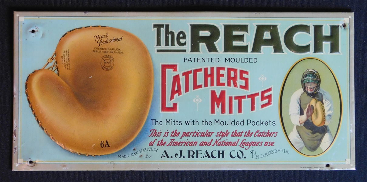 Spectacular Circa 1908 Reach Catchers Mitt Tin Litho Advertising Sign