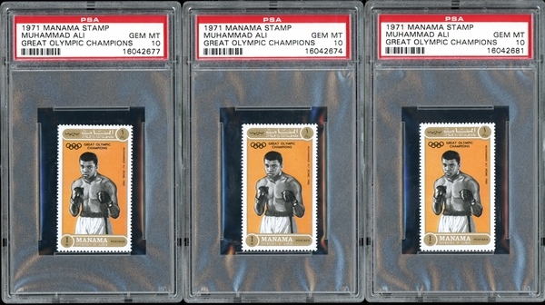 1971 Manama Stamp Great Olympic Champions Muhammad Ali Group Of Three (3) PSA 10 GEM MINT