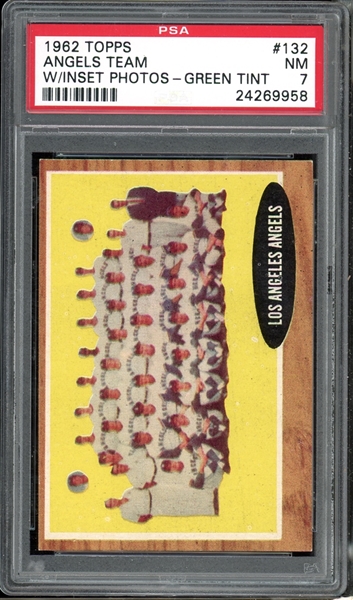 1962 Topps #132 Angels Team With Inset Photos Green Tint PSA 7 NM