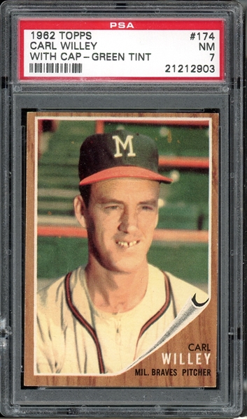 1962 Topps #174 Carl Willey With Cap - Green Tint PSA 7 NM