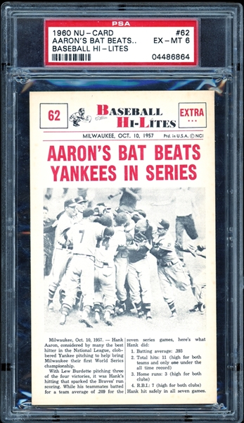 1960 Nu-Card Baseball Hi-Lites #62 Aarons Bat Beats PSA 6 EX-MT