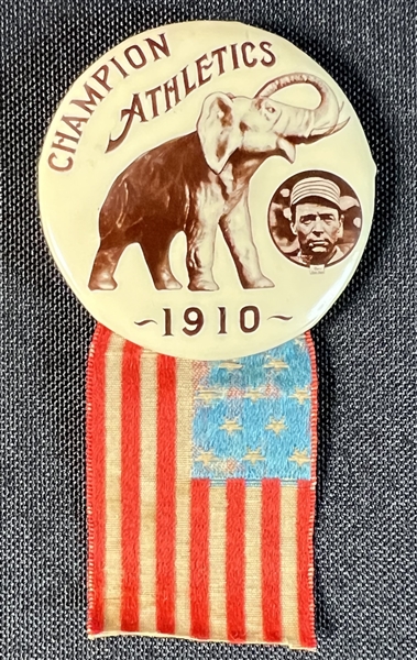 1910 Philadelphia Athletics Champion Pin Featuring Harry Davis With American Flag Ribbon