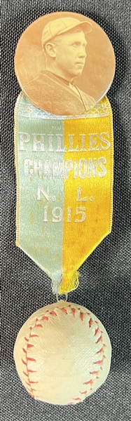1915 Phillies Champions NL Ribbon With Manager Pat Moran Photo Button and Ball