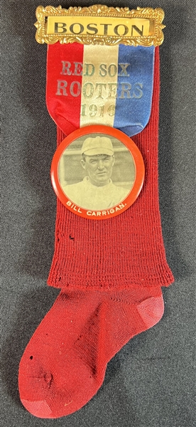 1916 Boston Red Sox Rooters Ribbon Badge With Bill Carrigan Photo Button & Stocking