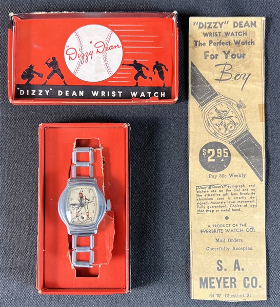 1930s Dizzy Dean Everbrite Wristwatch in Original Box with Advertisement 