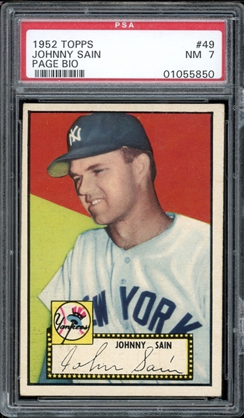 1952 Topps #49 Johnny Sain Page Bio PSA 7 NM