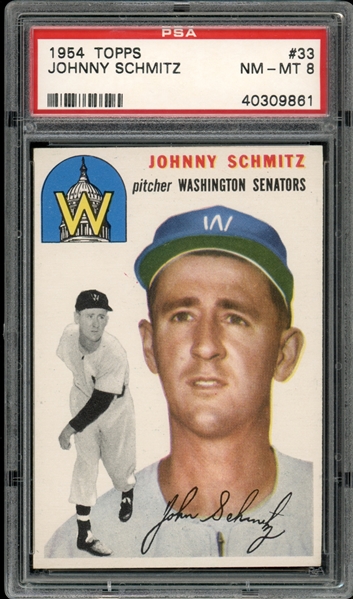 1954 Topps #33 Johnny Schmitz PSA 8 NM-MT