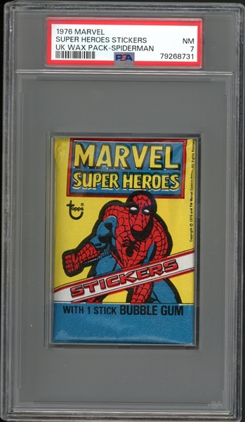 1976 Topps Marvel Super Heroes Stickers Wax Pack-Spiderman PSA 7 NM