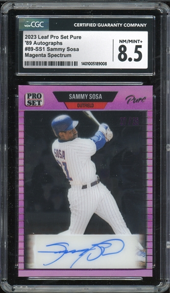 2023 Leaf Pro Set Pure 89 Autographs #89-SS1 Sammy Sosa Magenta Spectrum (27/35) CGC 8.5 NM-MT+ AUTO 9