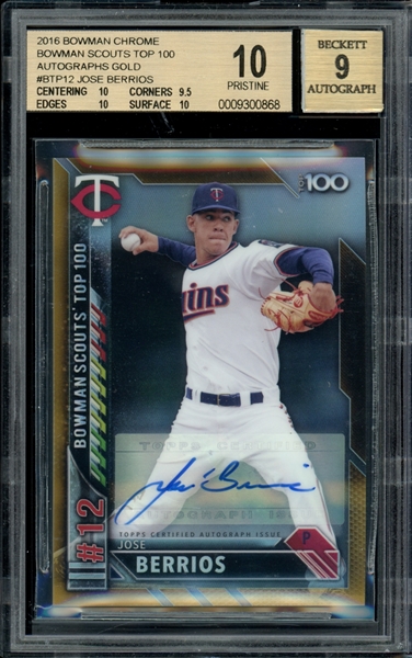 2016 Bowman Chrome Bowman Scouts Top 100 Autographs Gold #BTP12 Jose Berrios (13/50) BGS 10 PRISTINE AUTO 9