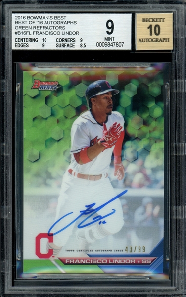 2016 Bowmans Best - Best Of 16 Autographs Green Refractors #B16FL Fransisco Lindor (43/99) BGS 9 MINT AUTO 10