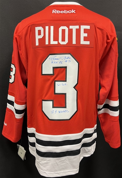 Pierre Pilote Signed Chicago Blackhawks Jersey With Multiple Inscriptions 