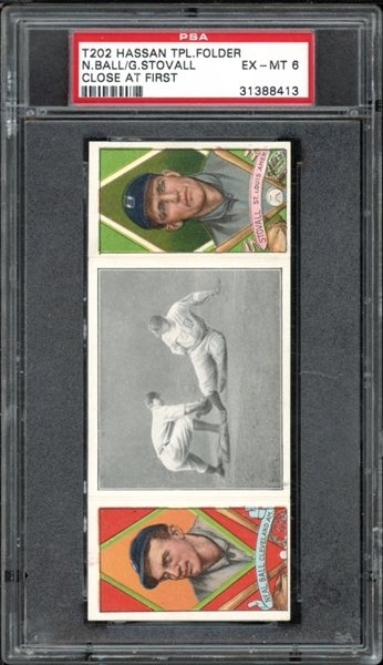 1912 T202 Hassan Triple Folder N. Ball/G. Stovall Close At First PSA 6 EX-MT 