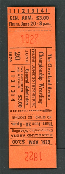 1974 Championship Wrestling The Cleveland Ohio Arena Full Ticket Stub 6/20/74