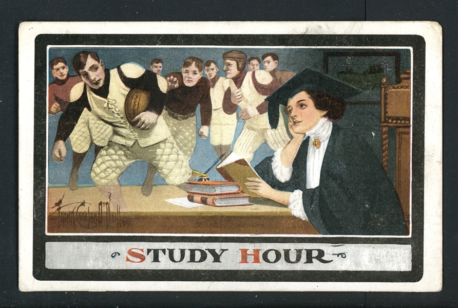 1909 Postcard, Frank ONeil, Study Hour, College Girl With Books Dreams of Men Football Players