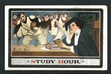 1909 Postcard, Frank ONeil, Study Hour, College Girl With Books Dreams of Men Football Players